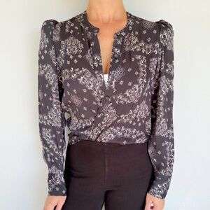 The Westside navy blue bandana print silk button down puff shoulder blouse small